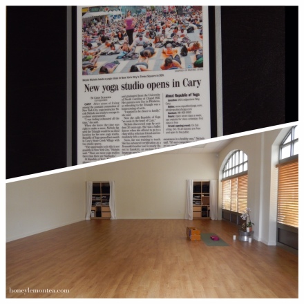 Top: Article showing Nicole teaching yoga in Time Square. Bottom: Studio interior, Republic of Yoga